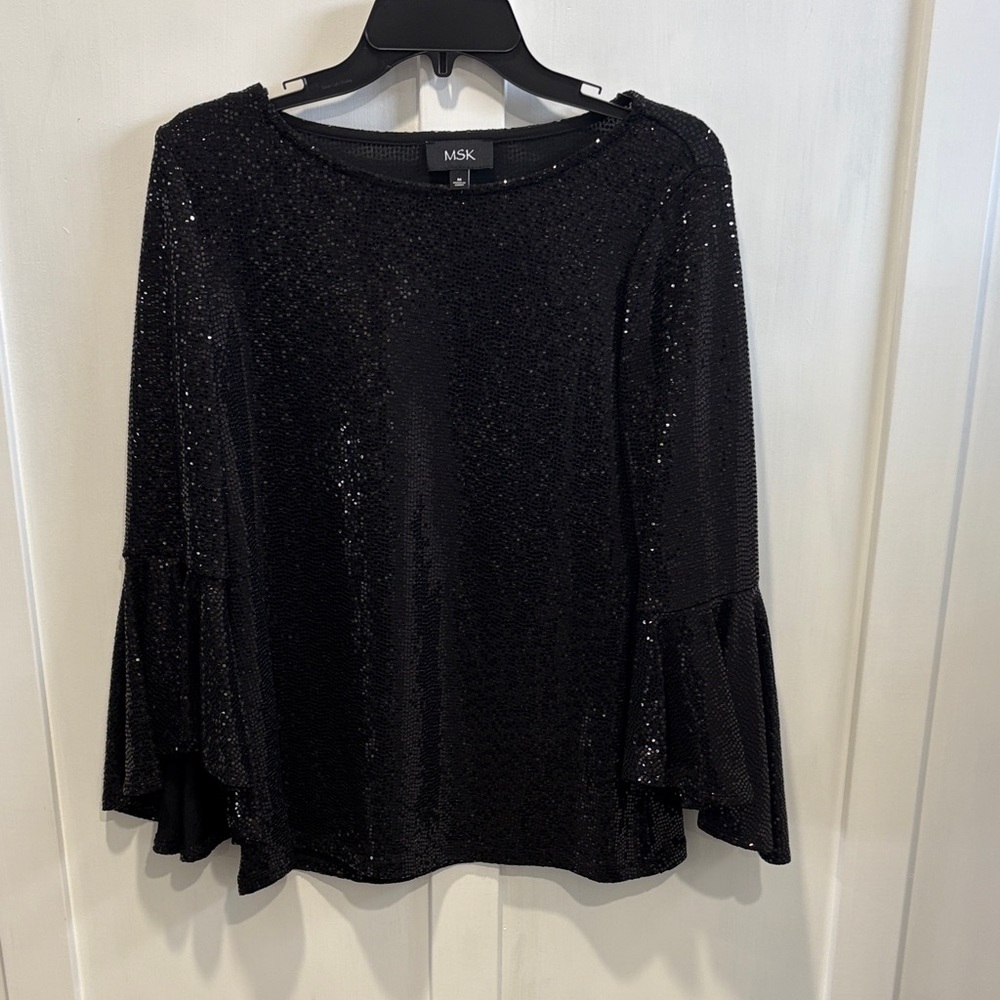 MSK Black Sequin Ruffle-Sleeve Top